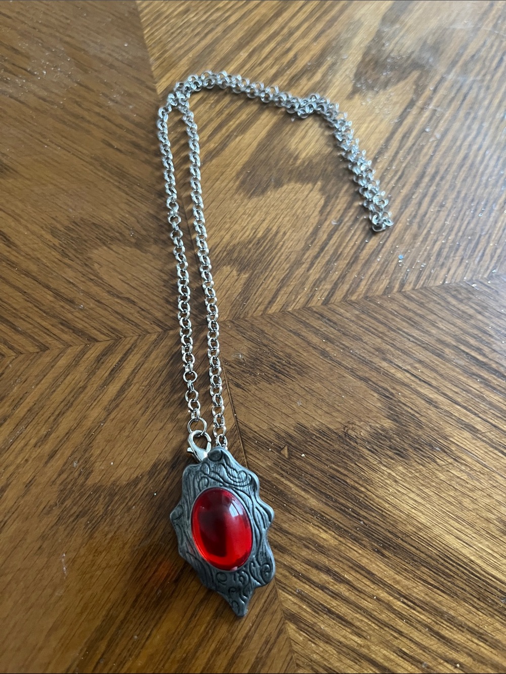 Silver Necklace with Red Cabochon Pendant - Women's Jewelry
